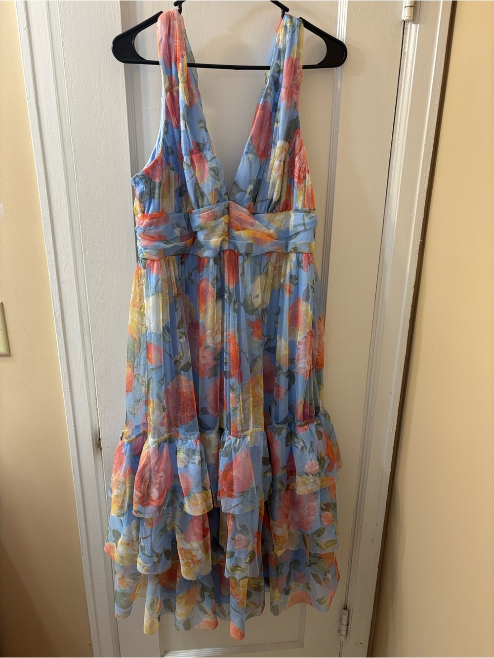 Lulu’s Floral V-Neck Tiered Midi Dress in Light Blue - Picture 3 of 5